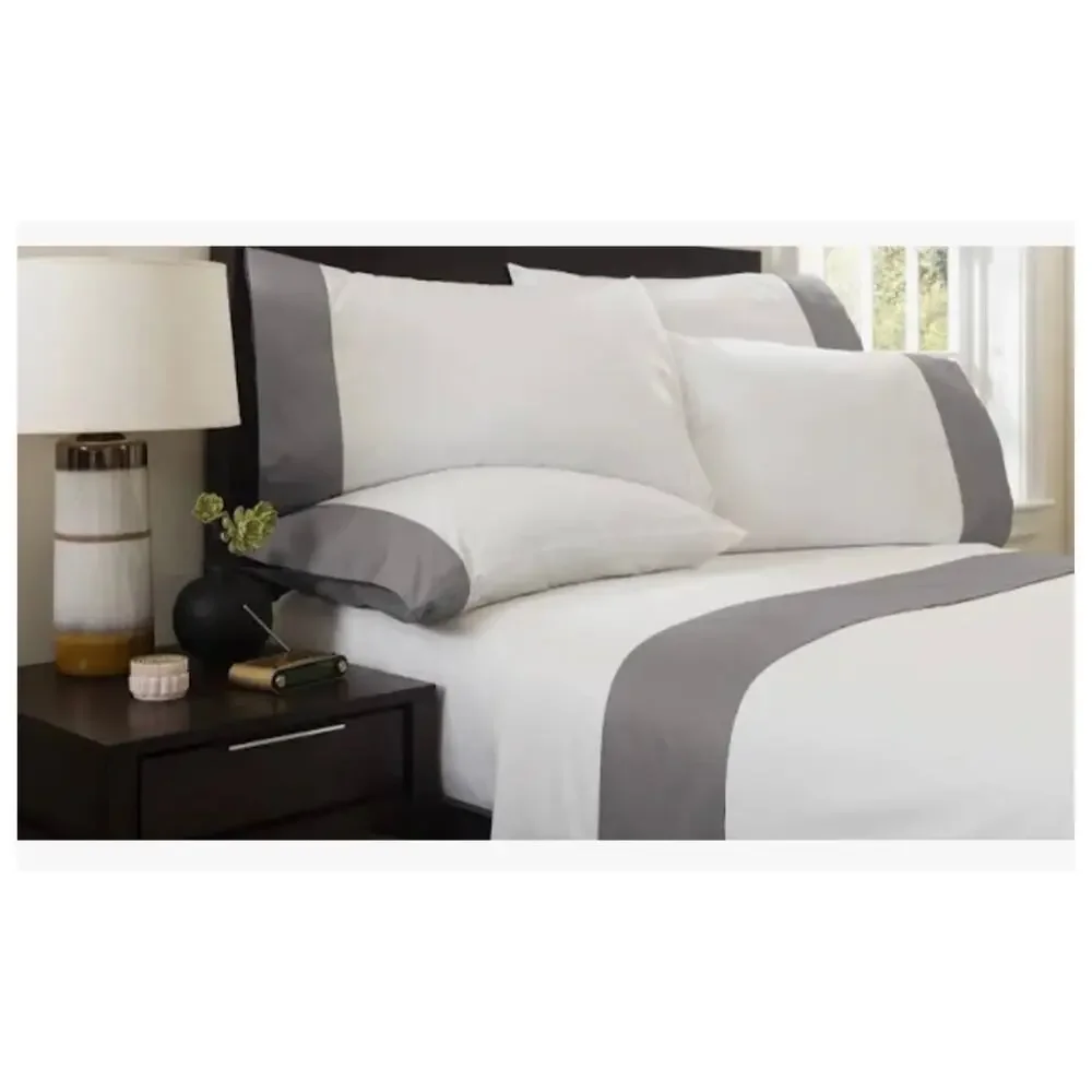 NEW Pottery Barn KING Size White With Green Border FlLAT Sheet 108”x102” Cotton